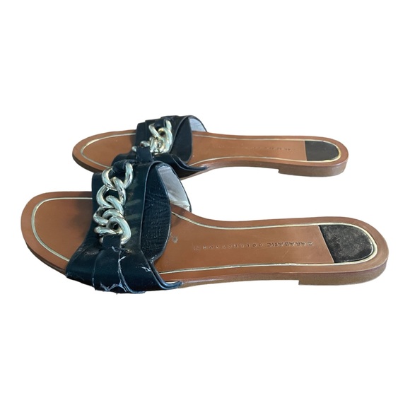 Zara basic black leather slide flat sandals with a gold chain design size 5 - Picture 5 of 11
